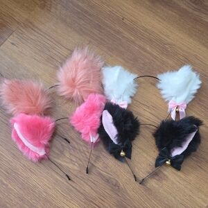 EUC Fluffy Cat Ear Headbands in Pink and Black Bells And Bows 4pc Lot